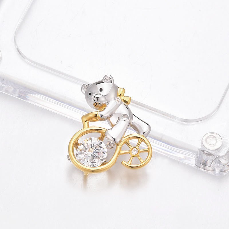 Bear Ride Bicycle Dancing Stone Pendant Necklace 925 Sterling
