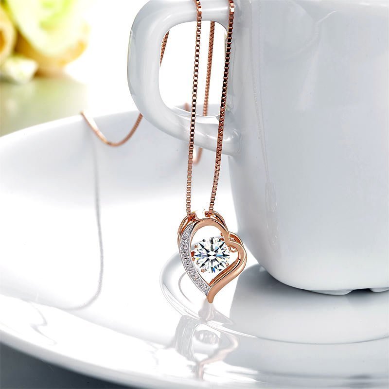 Dancing Stone Heart Pendant Necklace Solid 925 Sterling Silver Rose Gold Plated