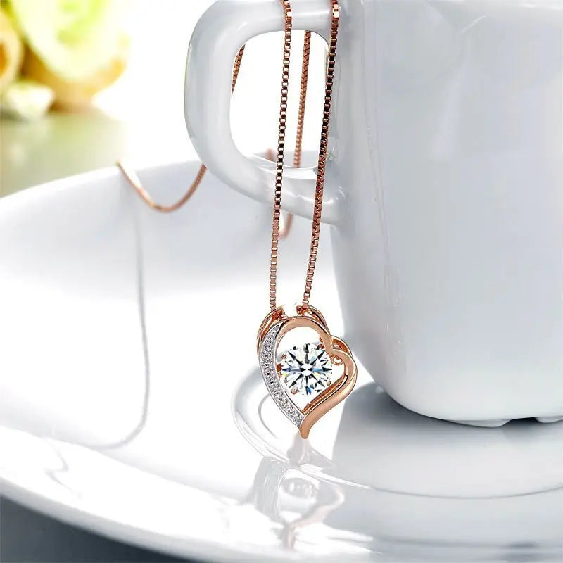 Dancing Stone Heart Pendant Necklace Solid 925 Sterling Silver Rose Gold Plated limanilondon