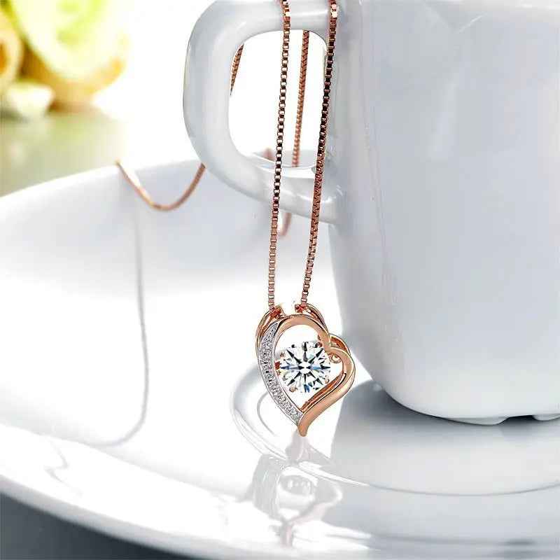 Dancing Stone Heart Pendant Necklace Solid 925 Sterling Silver Rose Gold Plated
