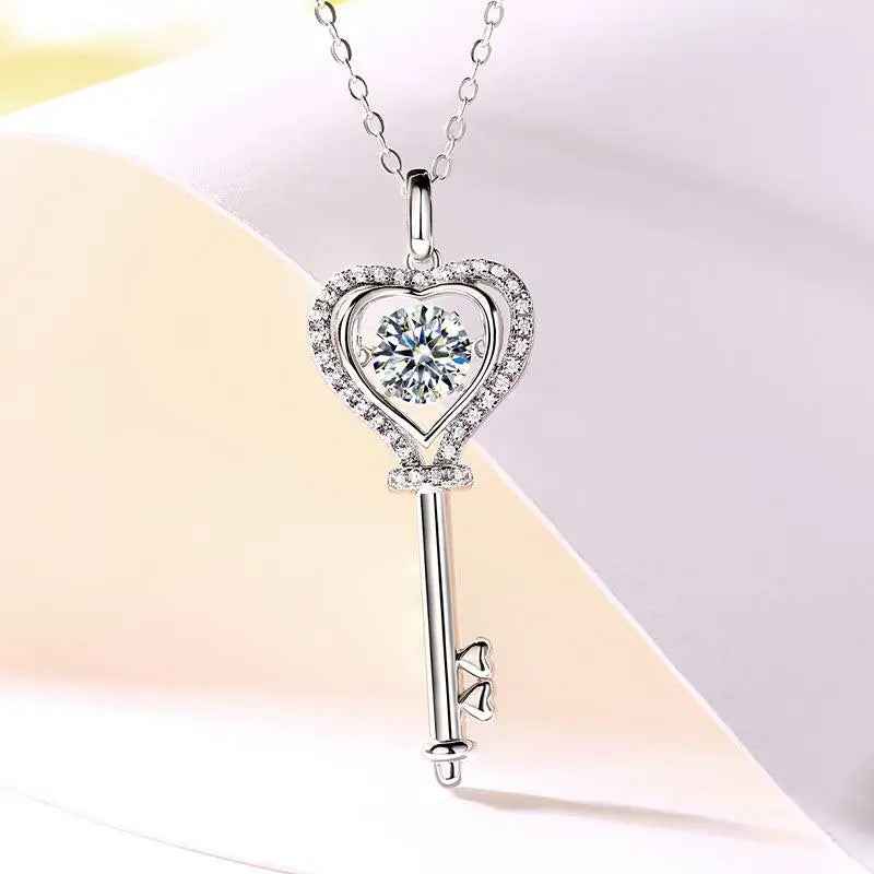 1 Carat Moissanite Diamond Dancing Stone Key Necklace 925 Sterling Silver