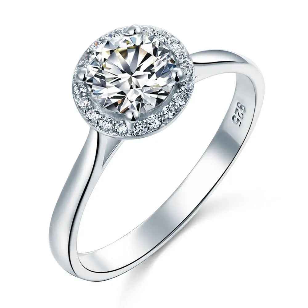Solid 925 Sterling Silver Created Diamond Wedding Promise Ring Halo - Gift Boxed
