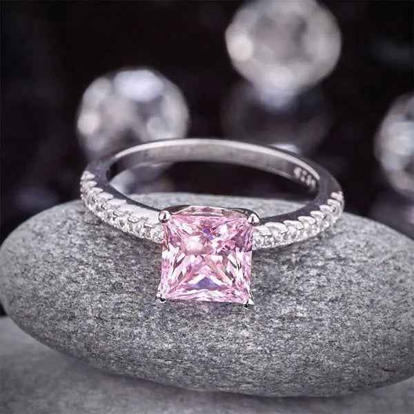Fancy Pink Created Diamond 925 Sterling Silver Wedding Ring Promise Anniversary
