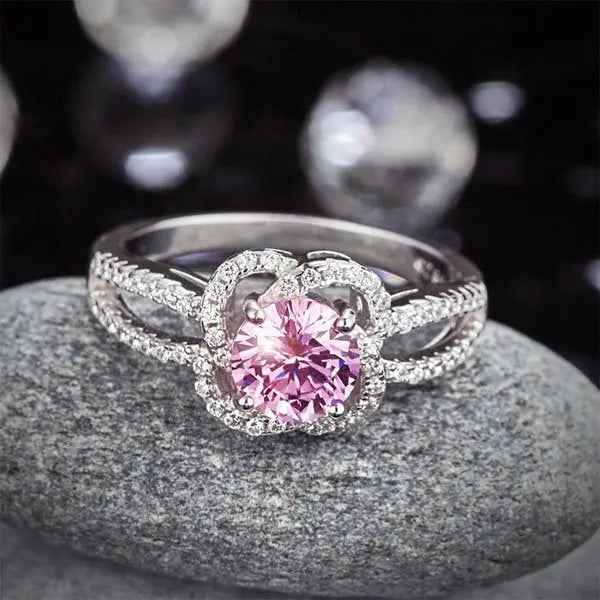 925 Sterling Silver Floral Ring Wedding Promise Anniversary Ring 1 Ct Fancy Pink Simulated Diamond Jewellery