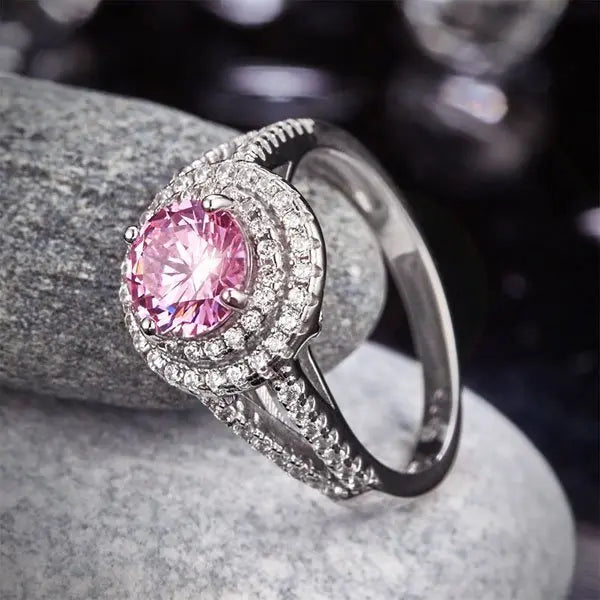 Double Halo 925 Sterling Silver Wedding Engagement Ring 1.25 Ct Fancy Pink Created Diamond Promise Anniversary limanilondon