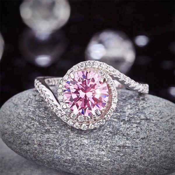 Twist Curl 925 Sterling Silver Wedding Engagement Ring 2 Ct Fancy Pink Created Diamond Promise Anniversary