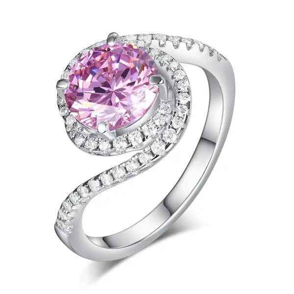 Twist Curl 925 Sterling Silver Wedding Engagement Ring 2 Ct Fancy Pink Created Diamond Promise Anniversary