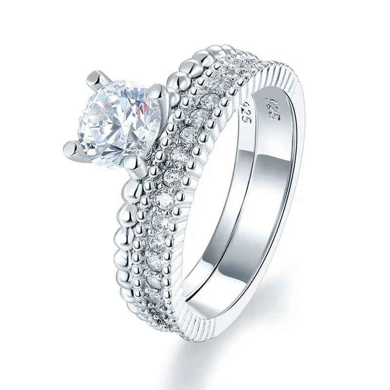 Solid 925 Sterling Silver 2 Pcs Wedding Engagement Ring Set 1 Ct Simulated Diamond