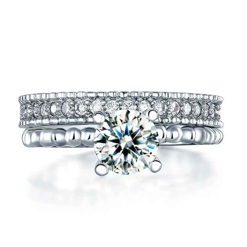 Solid 925 Sterling Silver 2 Pcs Wedding Engagement Ring Set 1 Ct Simulated Diamond