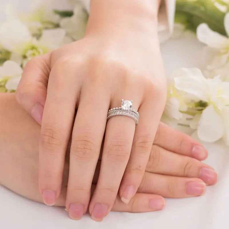 Solid 925 Sterling Silver 2 Pcs Wedding Engagement Ring Set 1 Ct Simulated Diamond