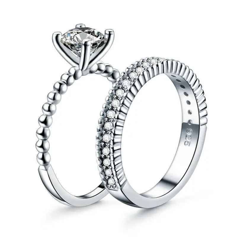 Solid 925 Sterling Silver 2 Pcs Wedding Engagement Ring Set 1 Ct Simulated Diamond