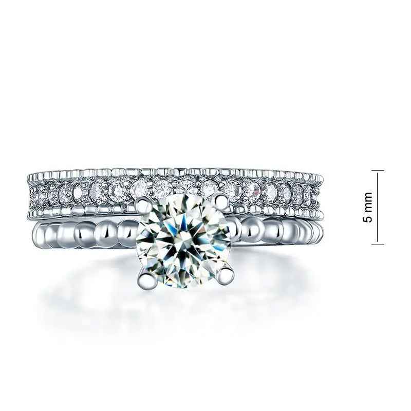 Solid 925 Sterling Silver 2 Pcs Wedding Engagement Ring Set 1 Ct Simulated Diamond