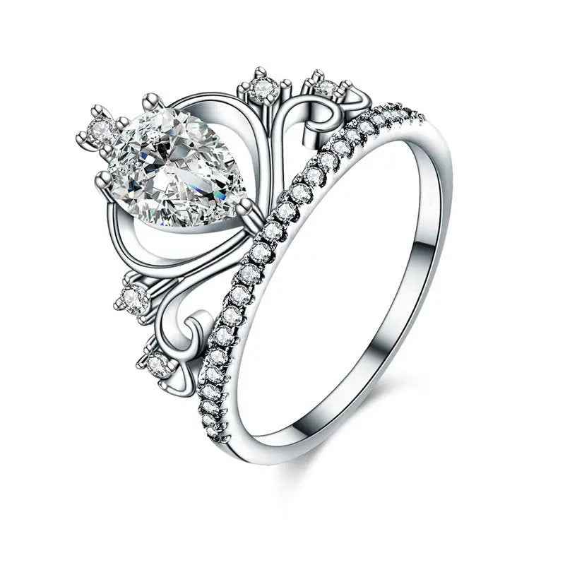 Solid 925 Sterling Silver Crown Ring 1 Carat Pear Cut for Lady