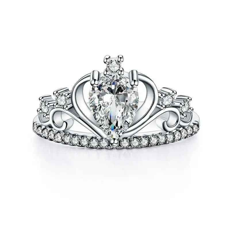 Solid 925 Sterling Silver Crown Ring 1 Carat Pear Cut for Lady