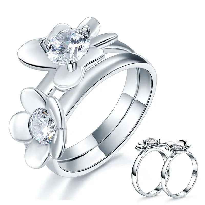 Solid 925 Sterling Silver 2 Pcs Butterfly Flower Ring Set Lady Jewellery
