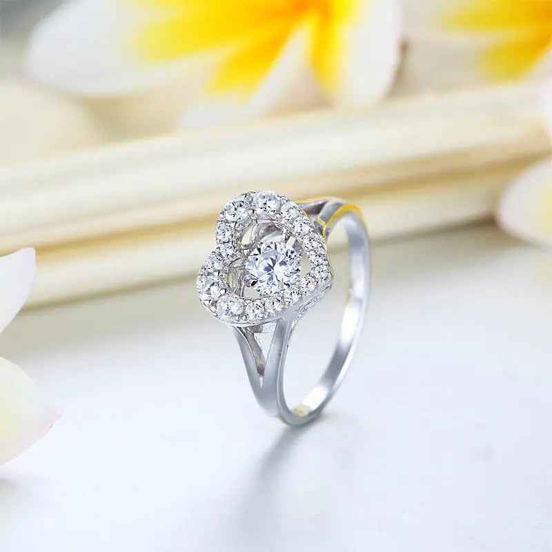 Dancing Stone Heart Solid 925 Sterling Silver Ring Fashion Wedding Jewellery