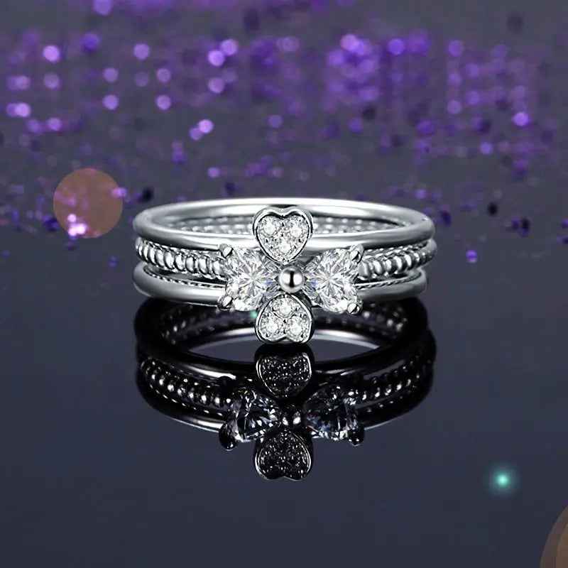 Solid 925 Sterling Silver Ring Set 3 Pcs Heart Love Jewellery New Design