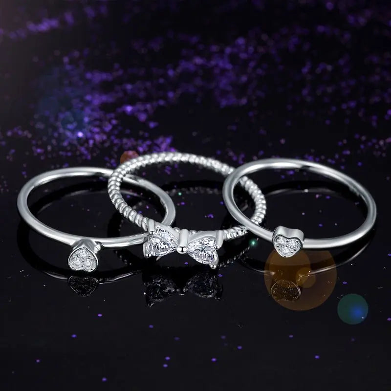 Solid 925 Sterling Silver Ring Set 3 Pcs Heart Love Jewellery New Design limanilondon