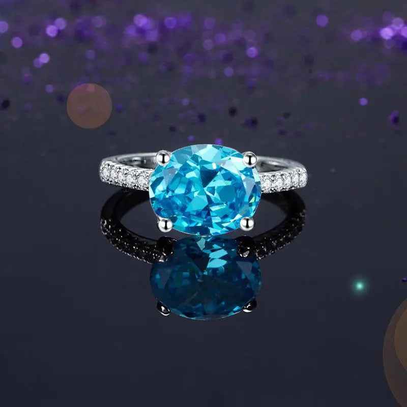 Solid 925 Sterling Silver 4 Carat Anniversary Ring Blue Oval Party Luxury Jewellery