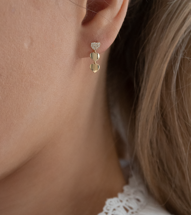 Genuine 9 CT Yellow Gold CZ Triple Heart Drop Earrings