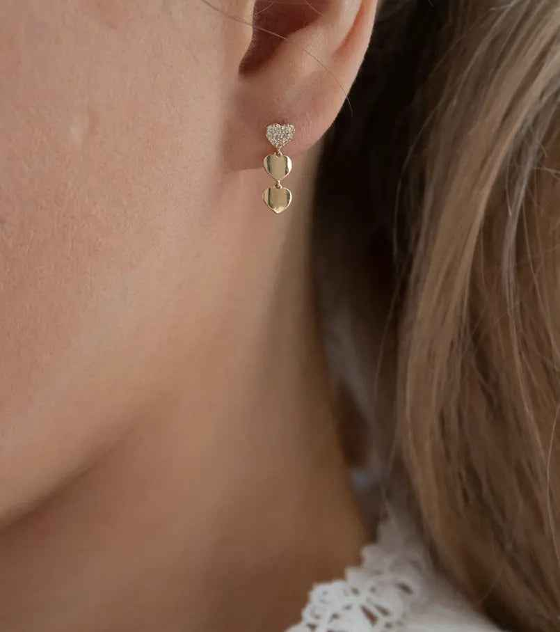 Genuine 9 CT Yellow Gold CZ Triple Heart Drop Earrings