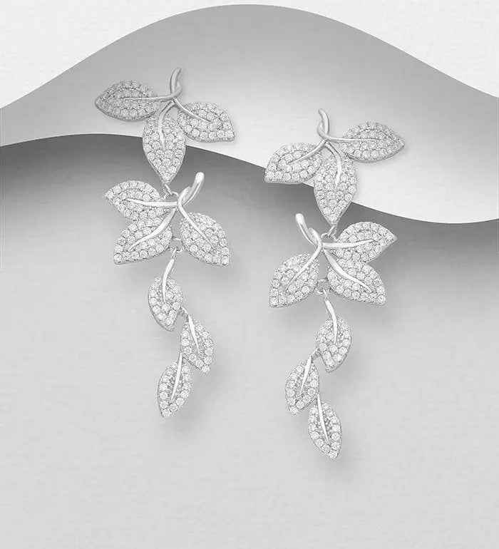 925 Sterling Silver Leaf Push-Back Earrings Decorated with CZ Simulated Diamonds
