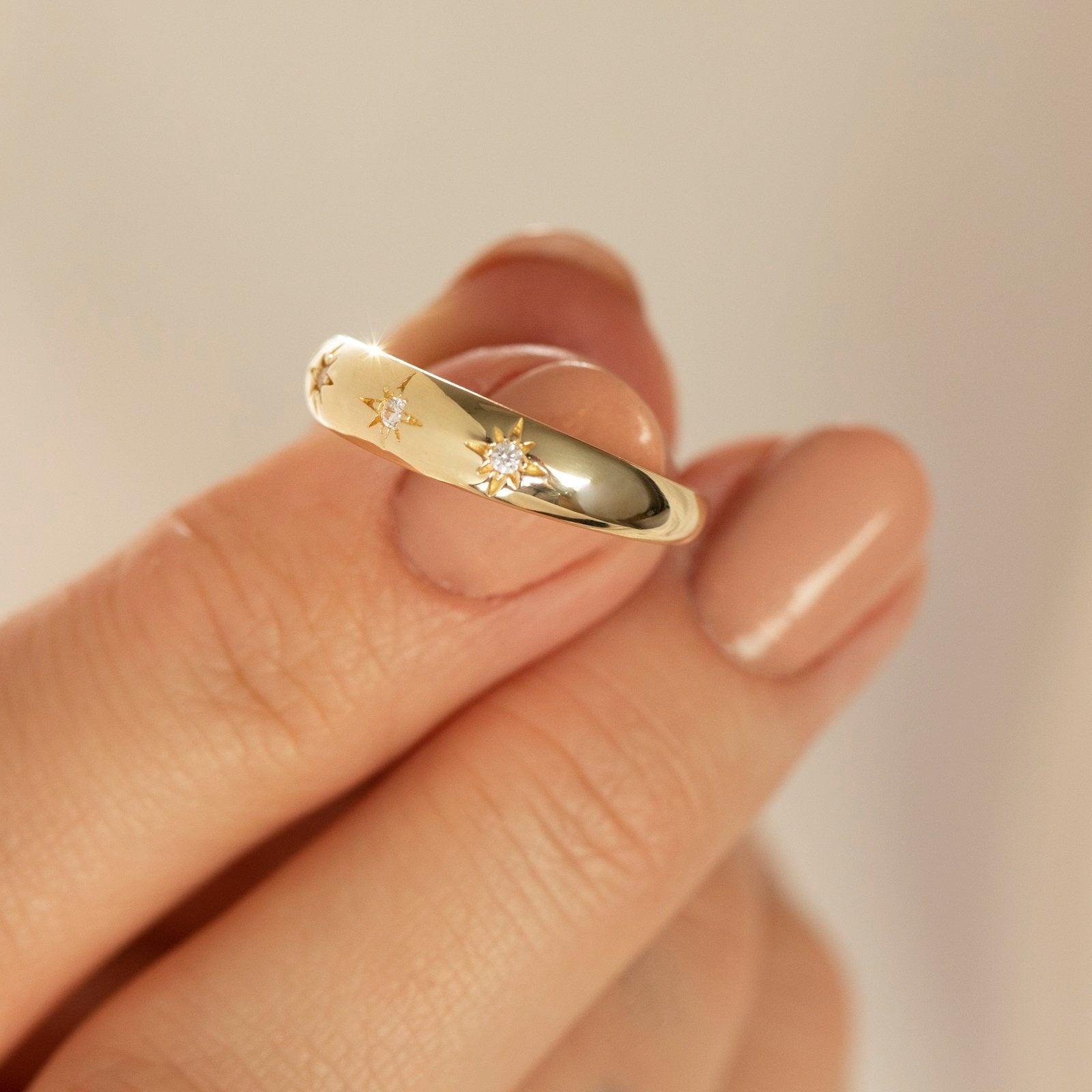 Genuine 9ct Yellow Gold 3 CZ Star Dome Ring J-Q Sizes
