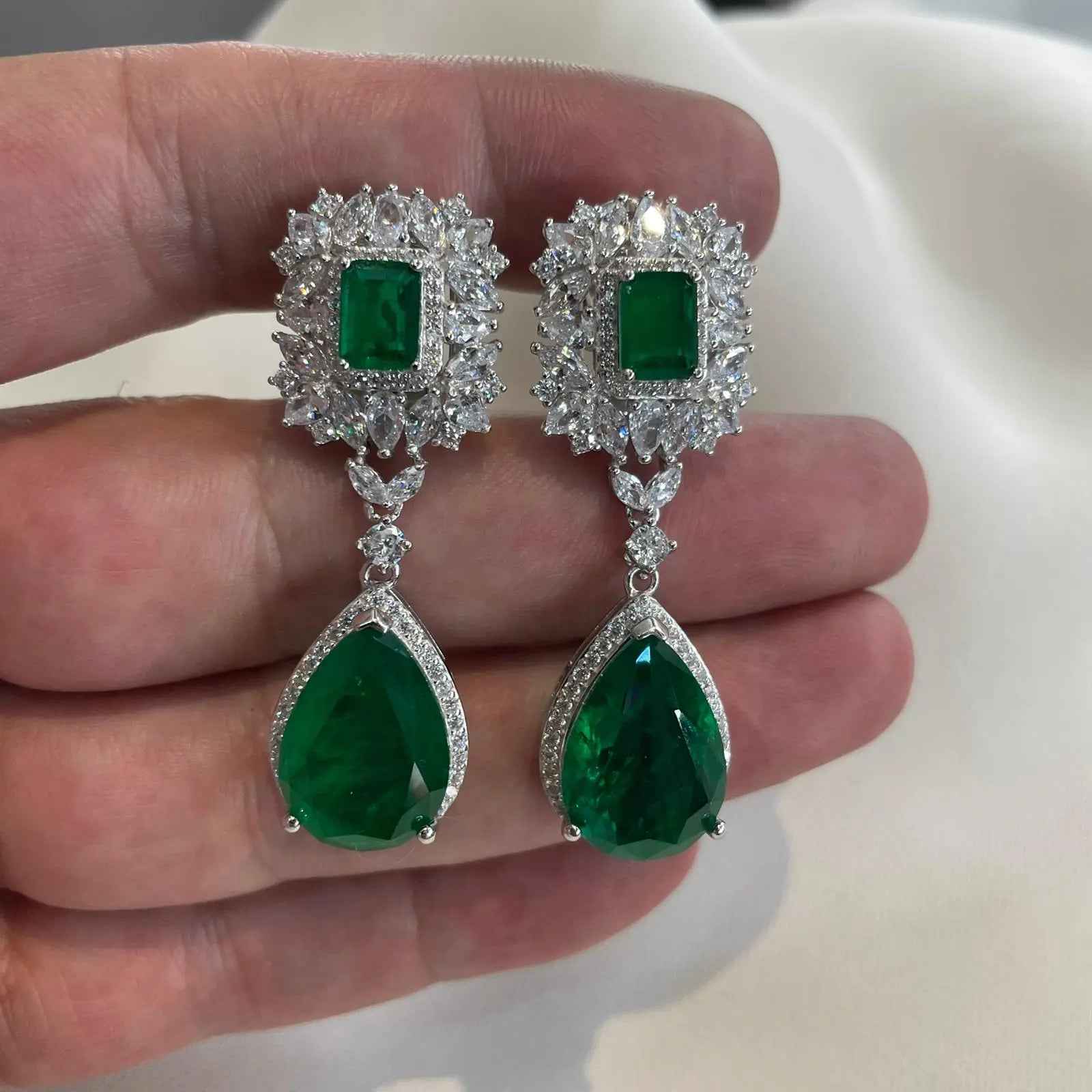 925 Sterling Silver Imitation Green Emerald Bridal Statement Earrings