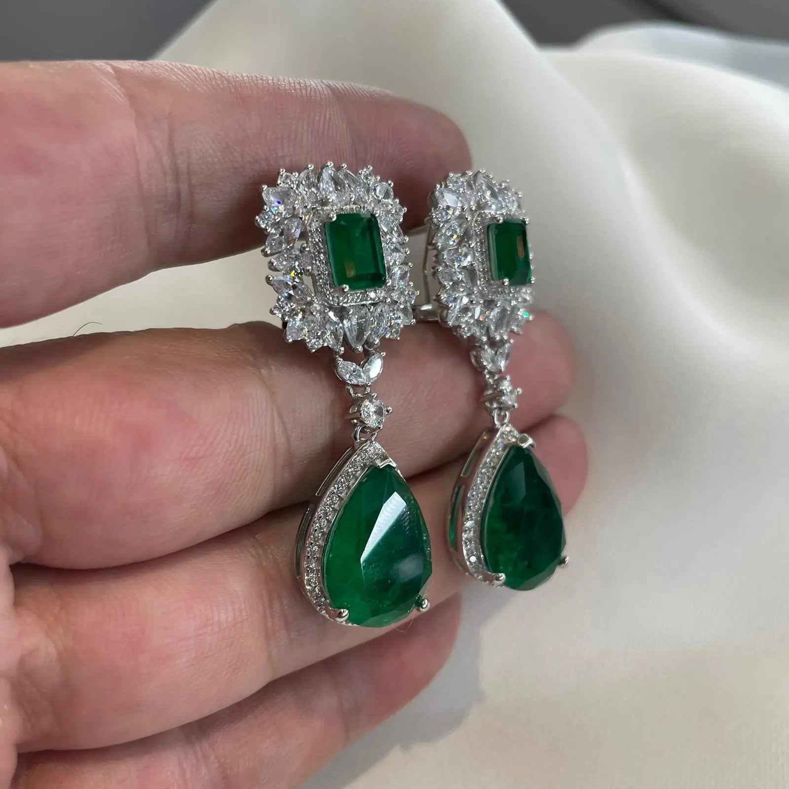925 Sterling Silver Imitation Green Emerald Bridal Statement Earrings