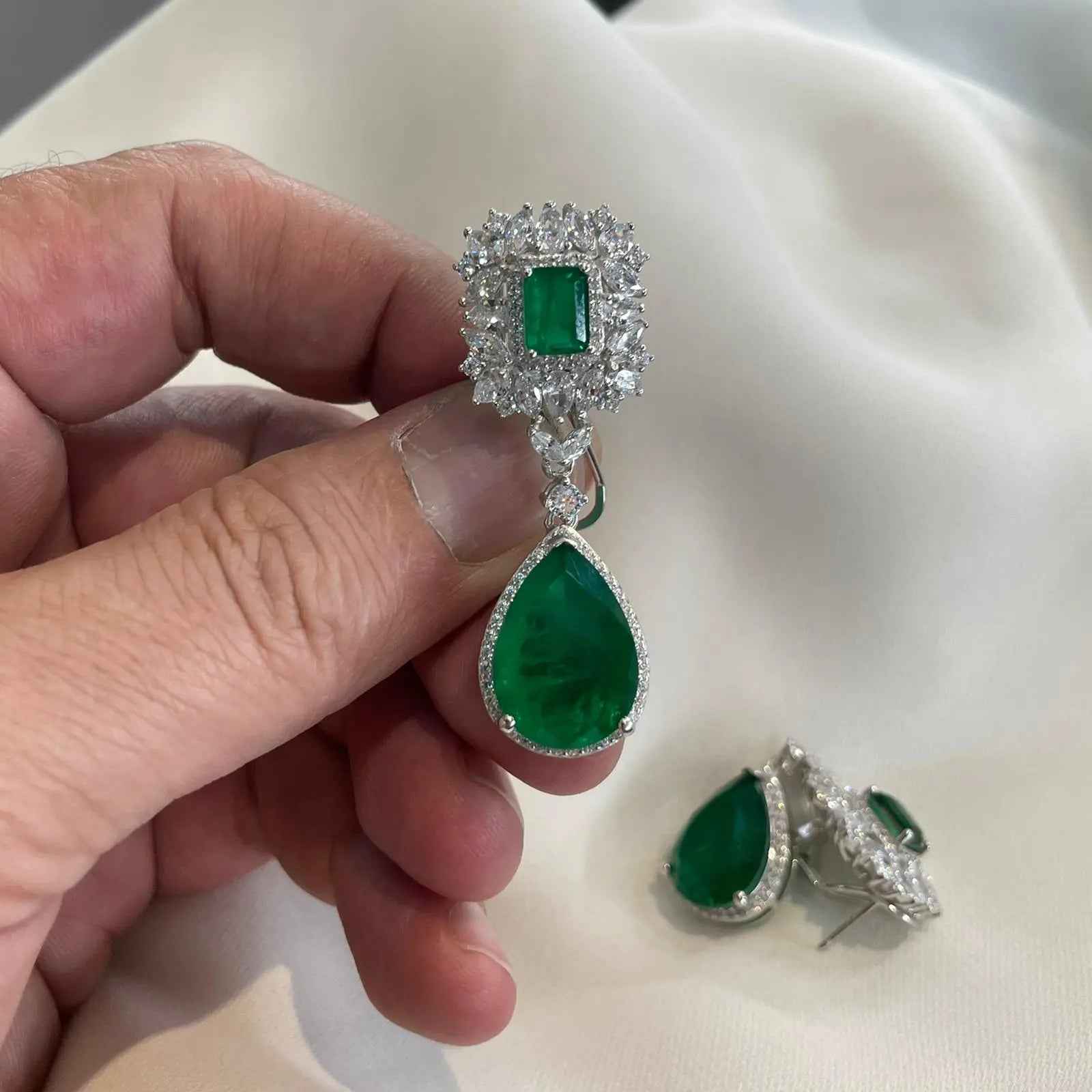 925 Sterling Silver Imitation Green Emerald Bridal Statement Earrings
