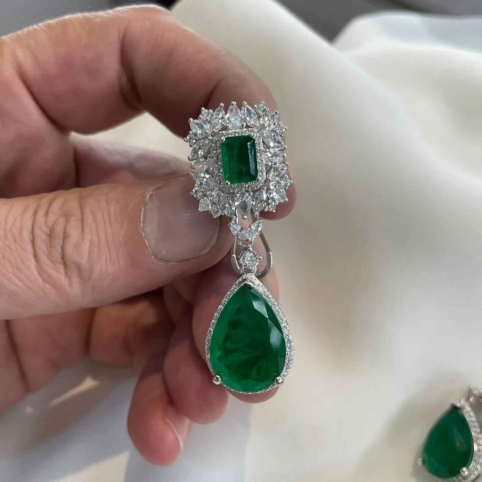 925 Sterling Silver Imitation Green Emerald Bridal Statement Earrings
