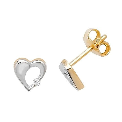 Genuine 9ct Yellow White Gold Cz Heart Stud Earrings