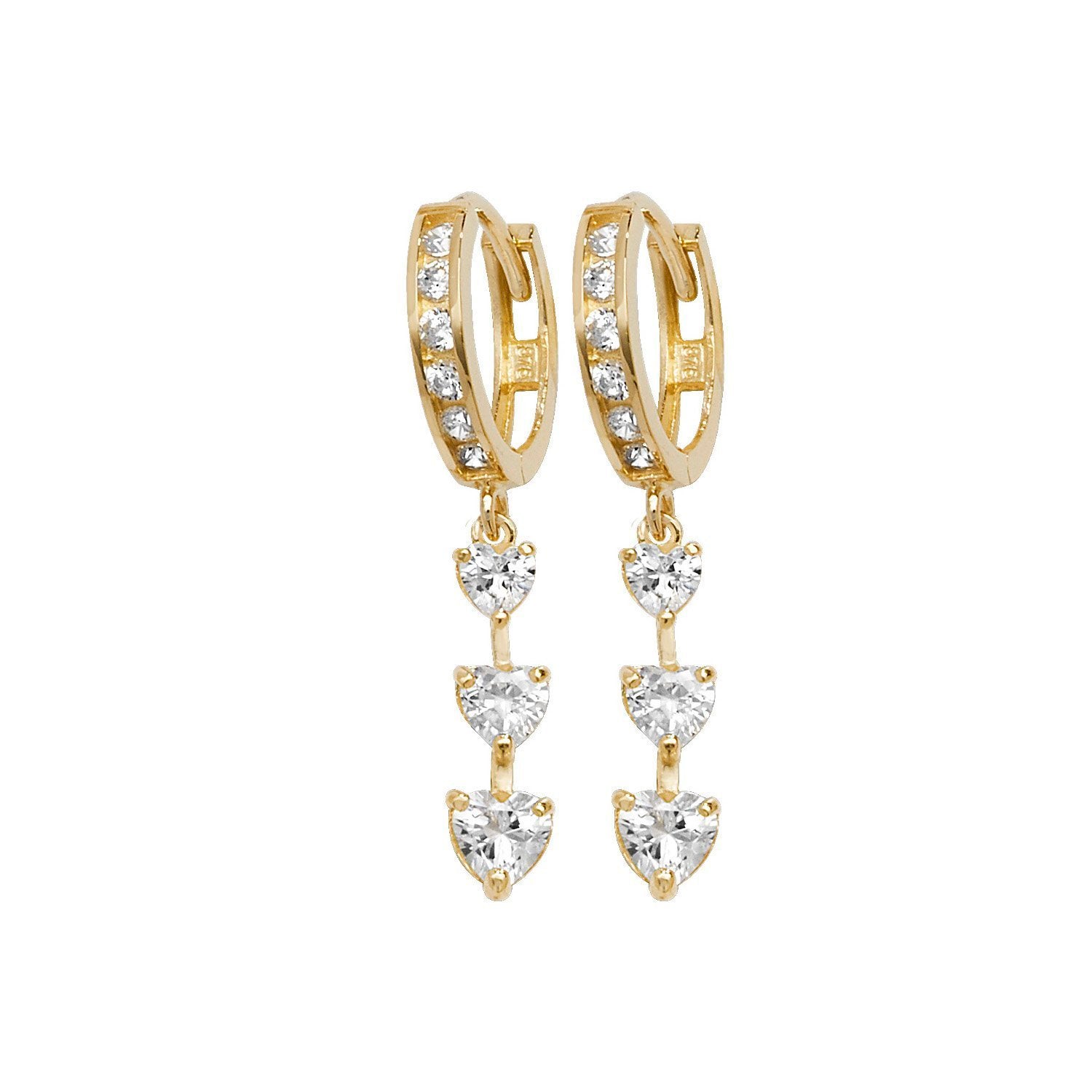 Genuine 9ct Yellow Gold CZ Heart Drop Earrings