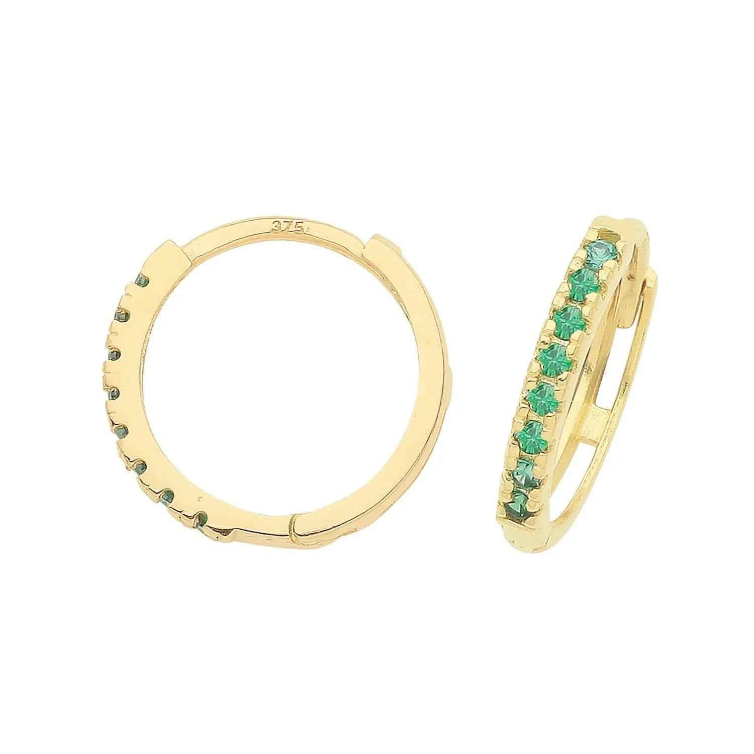 Genuine 9ct Yellow Gold Emerald Green CZ Huggies 11MM