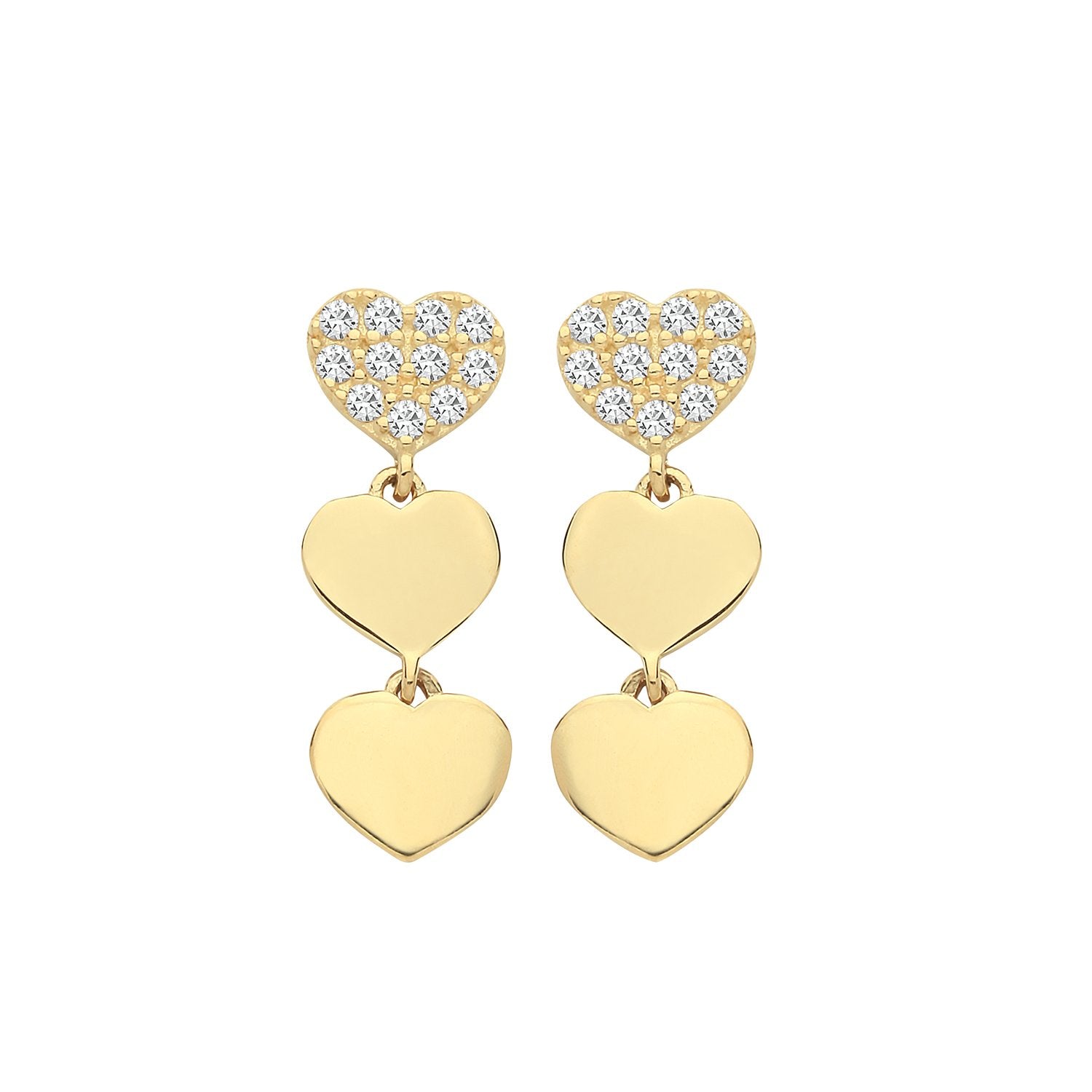 Genuine 9 CT Yellow Gold CZ Triple Heart Drop Earrings