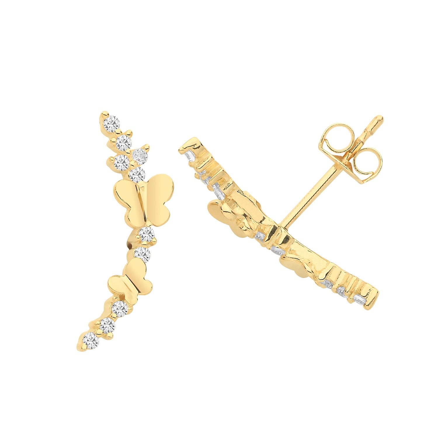 Genuine 9 CT Yellow Gold CZ Butterfly Climber Stud Earrings