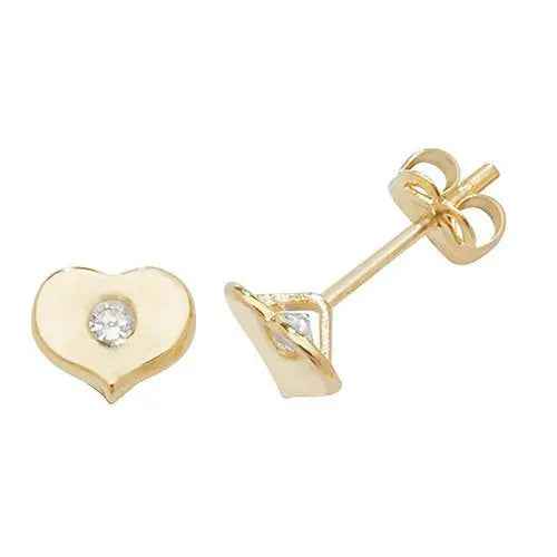 Genuine 9ct Yellow Gold Heart With Single CZ Stud Earrings - Gift Boxed