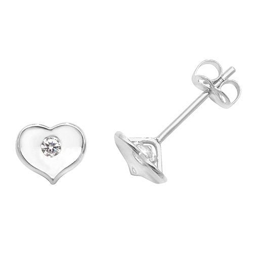 Genuine 9ct White Gold Heart With Single Cz Stud Earrings