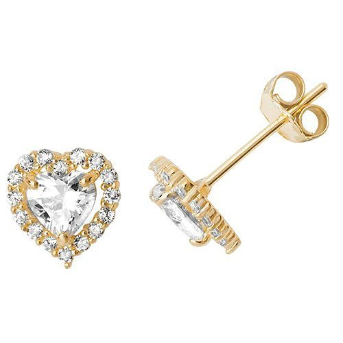 Genuine 9ct Yellow Gold Heart Heart Cz Stud Earrings