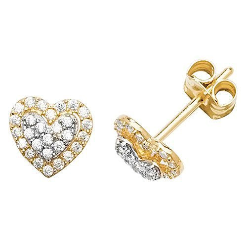 Genuine 9ct Yellow Gold Cz Heart Shaped Stud Earrings