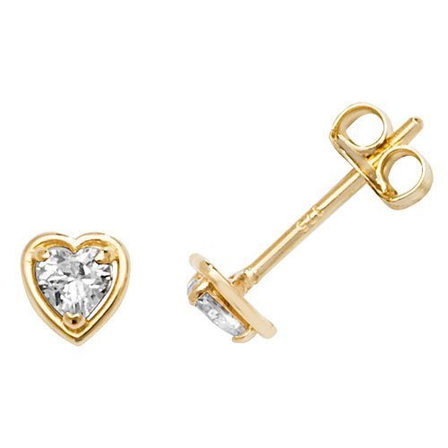 Genuine 9CT Yellow Gold White Heart CZ Rub Over Solitaire Stud Earrings