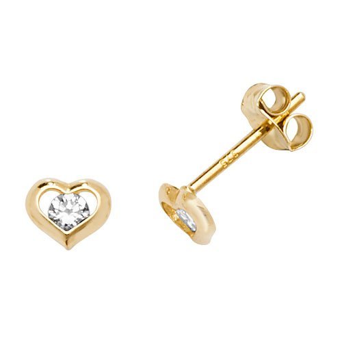 Genuine 9ct Yellow Gold Cz Heart Stud Earrings 375 Hallmarked