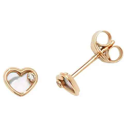 Genuine 9ct Yellow Gold Cz&Mother Of Pearl Heart Stud Earrings