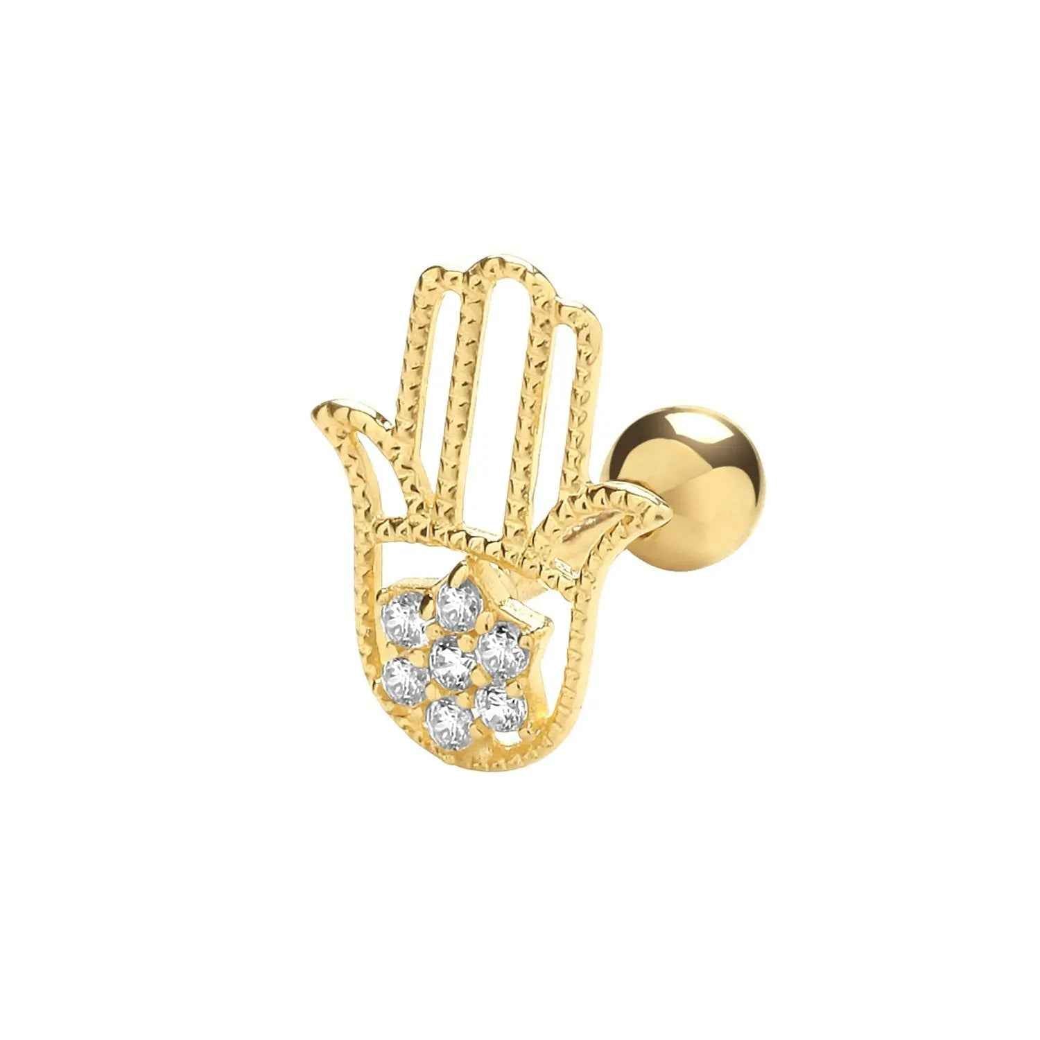 Genuine 9CT Yellow Gold CZ Hamsa Cartilage 6mm Post Stud