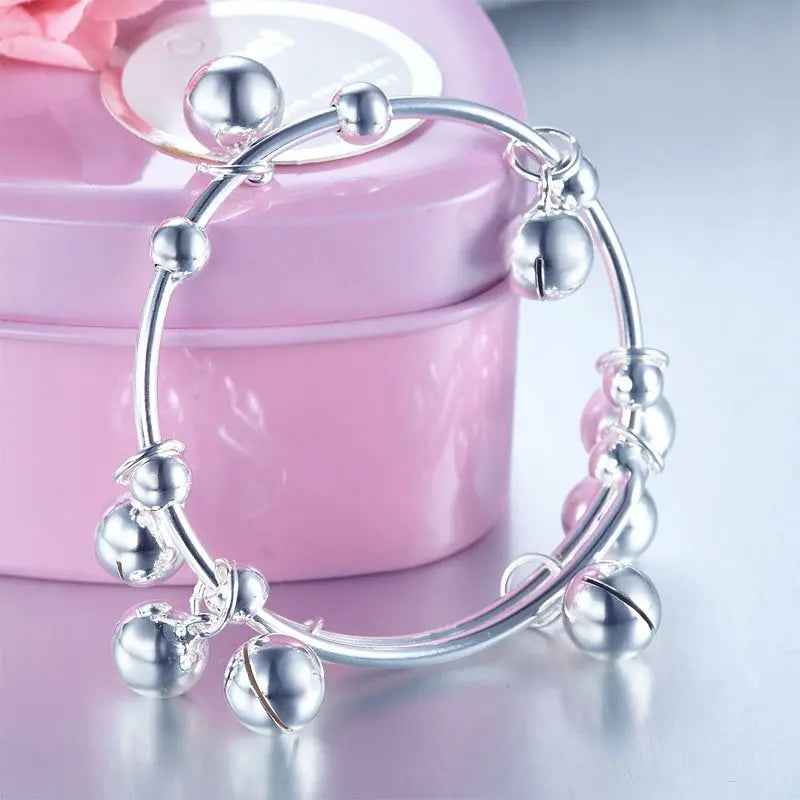 Solid 990 Silver Bells Bangle Bracelet Baby Kids Children Gift Adjustable Size