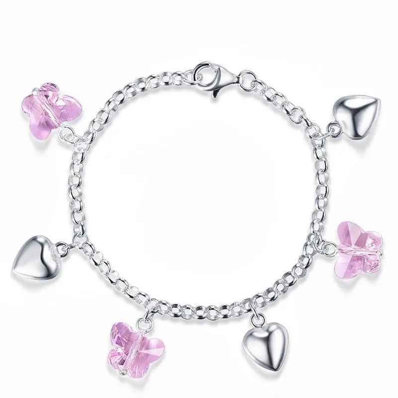 Solid 925 Sterling Silver Pink Butterfly Hearts Bracelet Baby Kids Girl Gift Children Jewellery