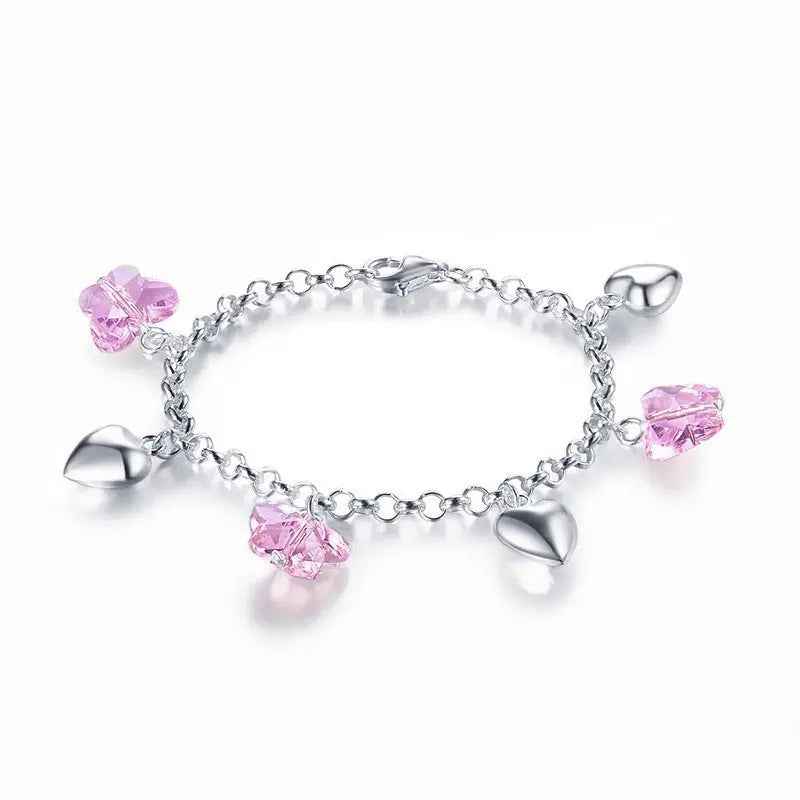 Solid 925 Sterling Silver Pink Butterfly Hearts Bracelet Baby Kids Girl Gift Children Jewellery