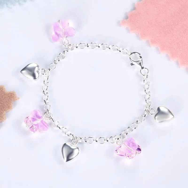 Solid 925 Sterling Silver Pink Butterfly Hearts Bracelet Baby Kids Girl Gift Children Jewellery