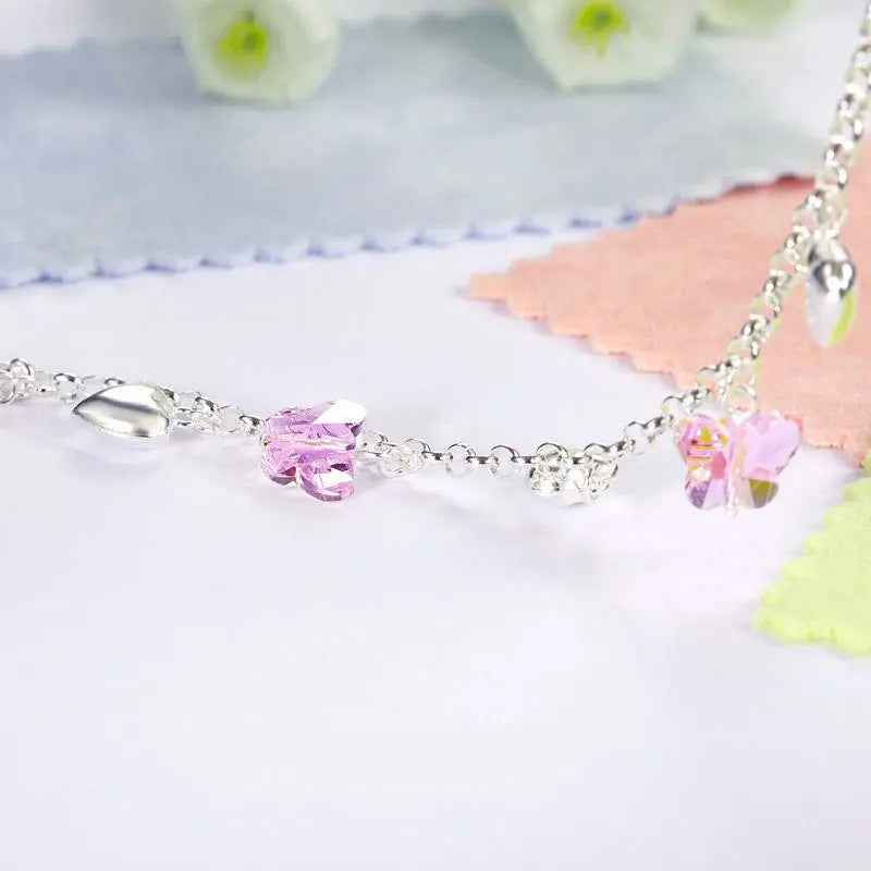Solid 925 Sterling Silver Pink Butterfly Hearts Bracelet Baby Kids Girl Gift Children Jewellery