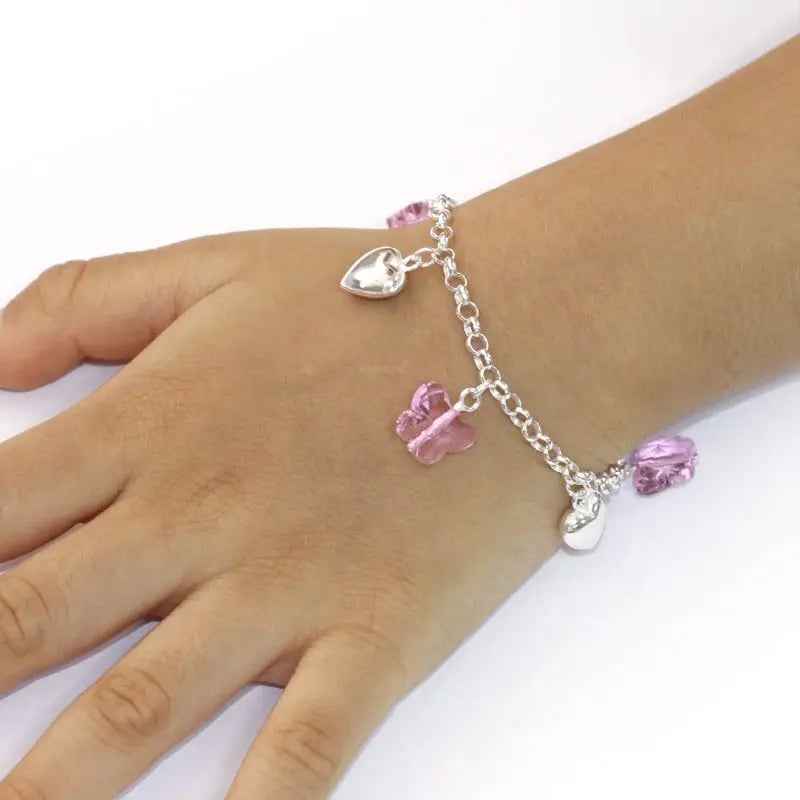 Solid 925 Sterling Silver Pink Butterfly Hearts Bracelet Baby Kids Girl Gift Children Jewellery